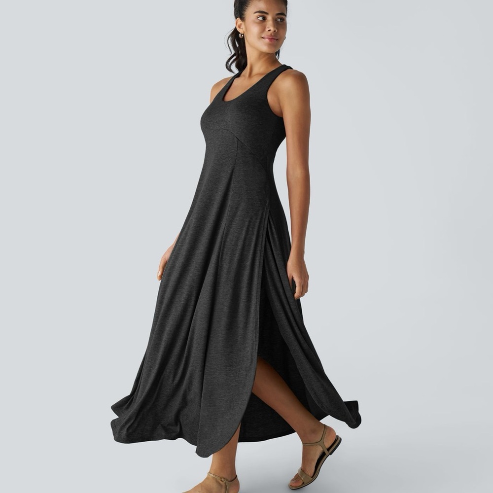 HALARA U Neck Split Flowy Maxi Casual Tank Dress - Green